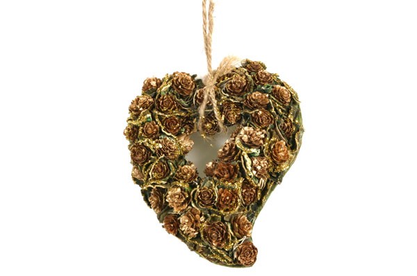 Wreath Heart Brn Cone/Lichen w/Gold Trim 8"