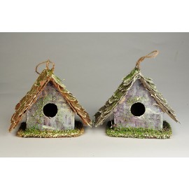 Birdhouse A-Shape Woodchip w/Moss Asst*2 4.5"